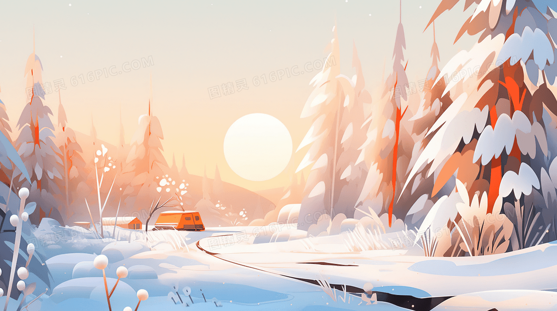 冬季积雪山林的日落美景插画