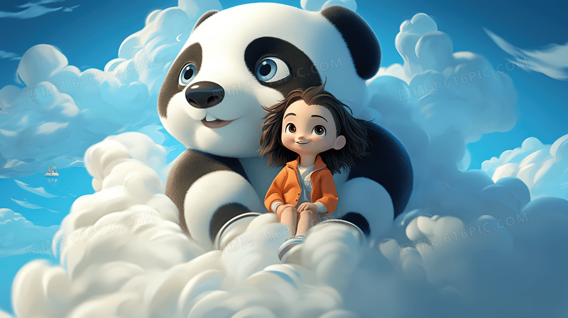 可爱大熊猫抱着小女孩坐在云团上插画