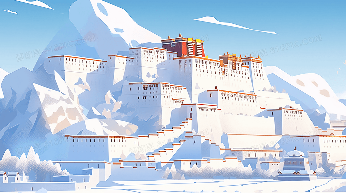 西藏拉萨白色布达拉宫建筑插画