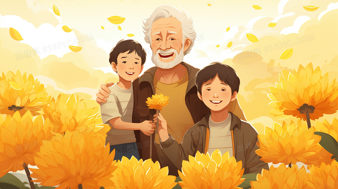 重阳节老人带着孩子在花丛中微笑插画