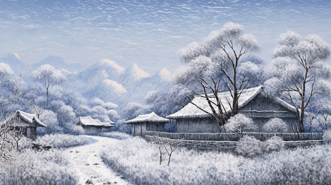 冬季古代乡村茅坯房雪景插画