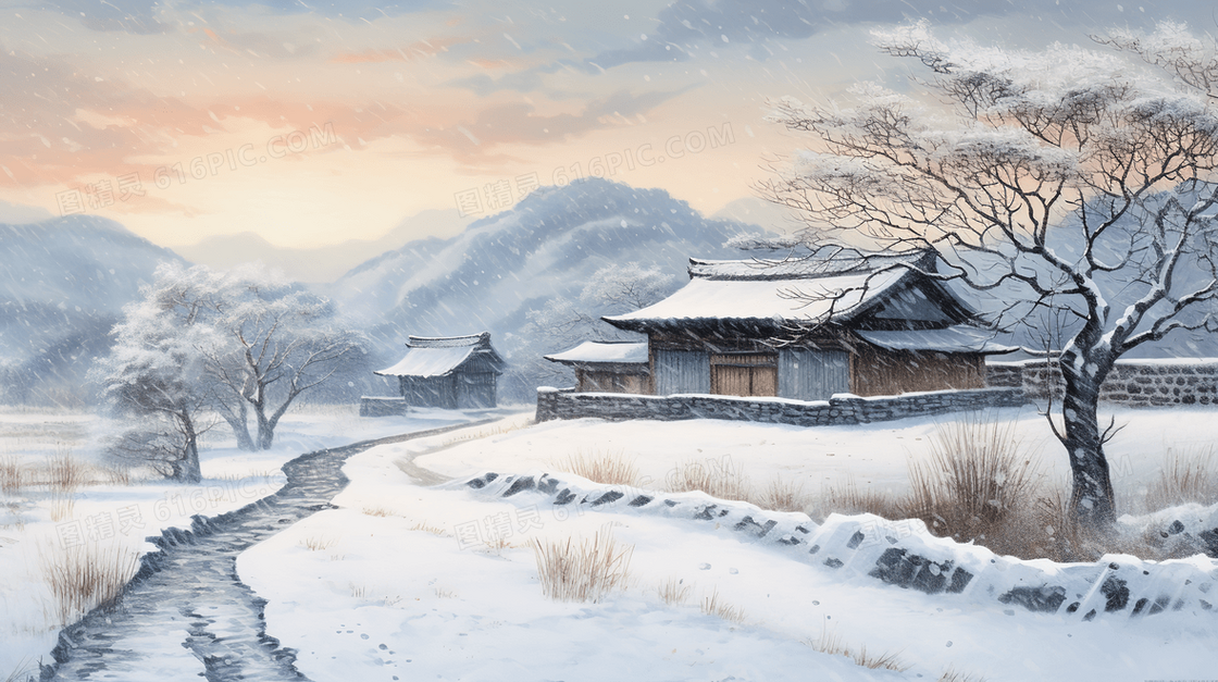 冬季古代乡村茅草房雪景插画