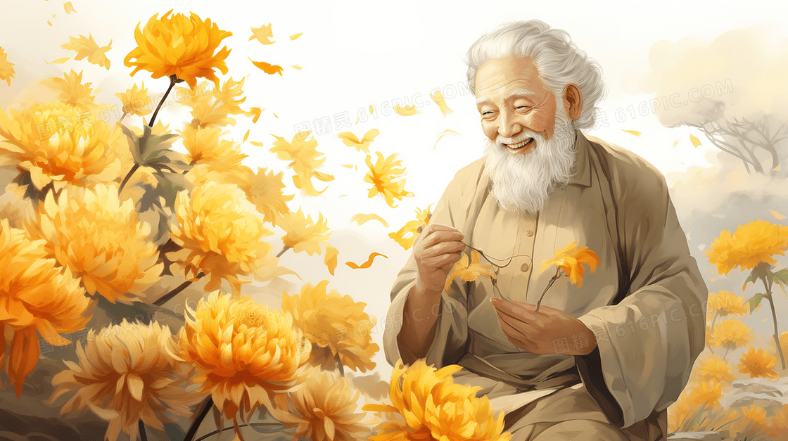 重阳节老人在花丛中微笑插画