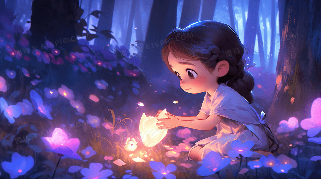 夜晚森林里小女孩找寻森林精灵插画