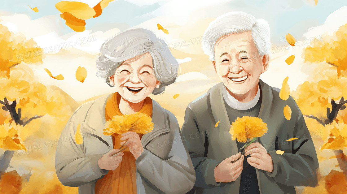 重阳节老人在花丛中微笑插画