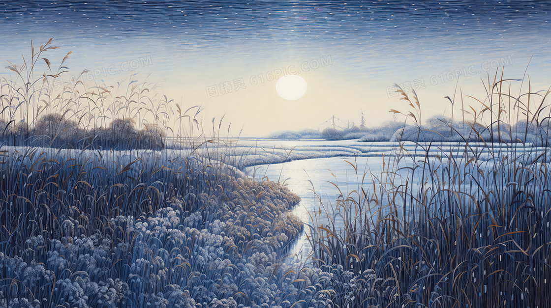 冬季清晨河边芦苇丛唯美风景插画