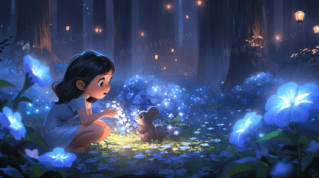 夜晚森林里小女孩找寻森林精灵插画