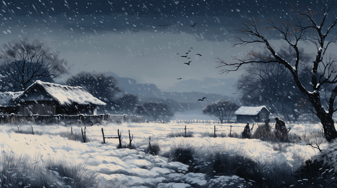 冬季中国乡村土坯房雪景插画