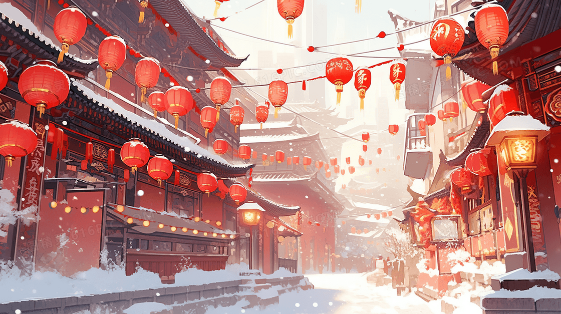 冬季张灯结彩的新年古镇插画 
