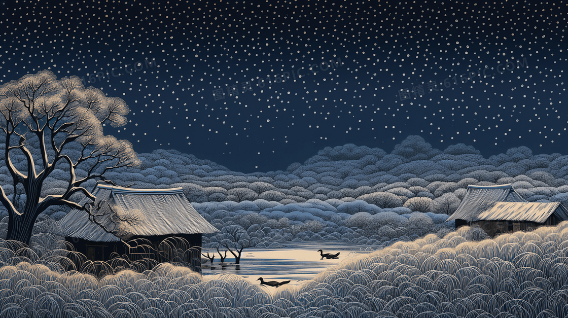 冬季中国乡村土坯房雪景插画