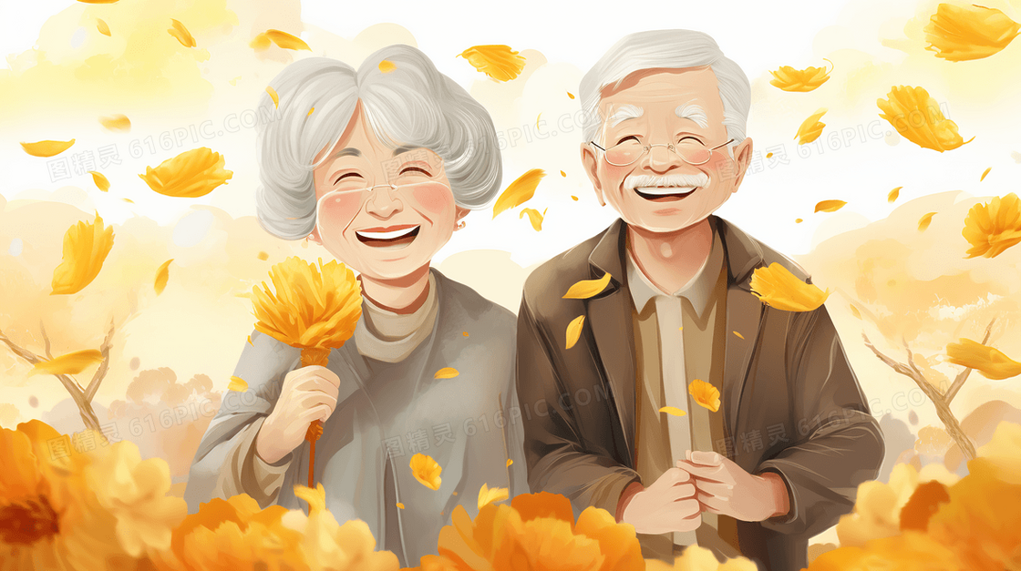 重阳节老年夫妇在花丛中微笑插画