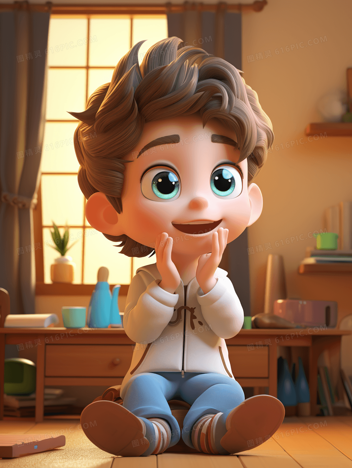 书房里坐着听故事的小男孩插画背景图片下载_1856x2464像素jpg格式