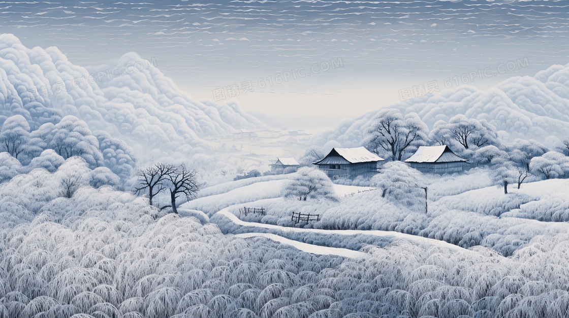 冬季古代乡村茅坯房雪景插画