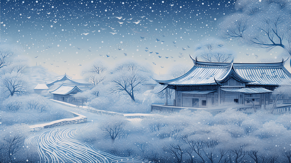 冬季古代乡村茅坯房雪景插画