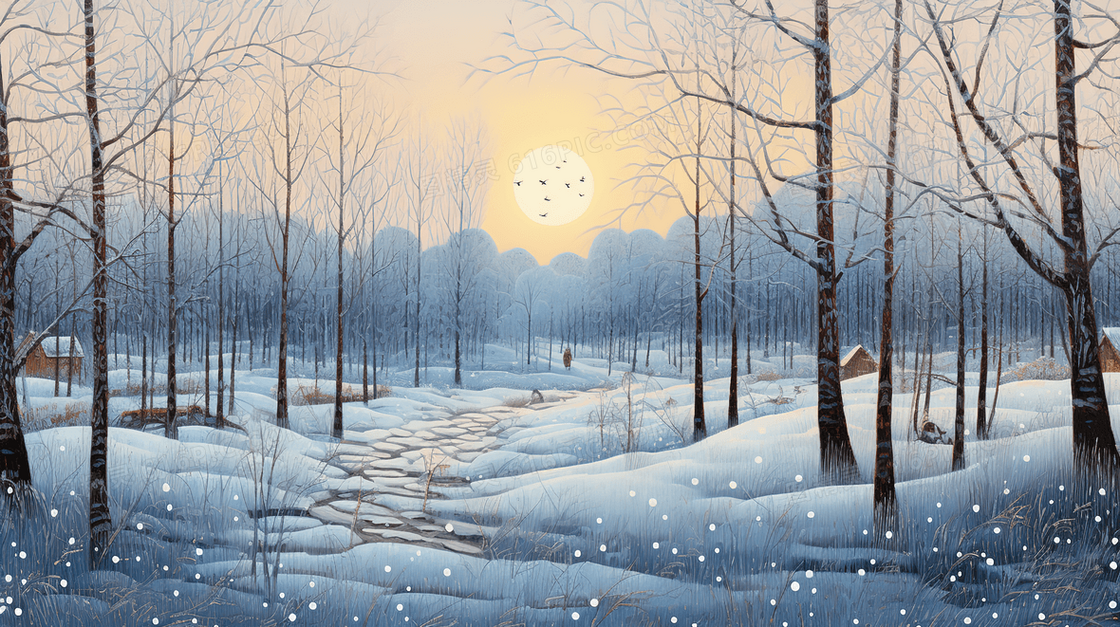 冬季树林雪地唯美雪景插画