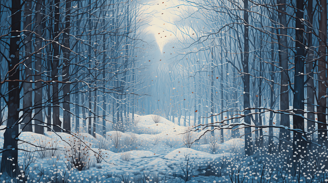 冬季树林雪地唯美雪景插画