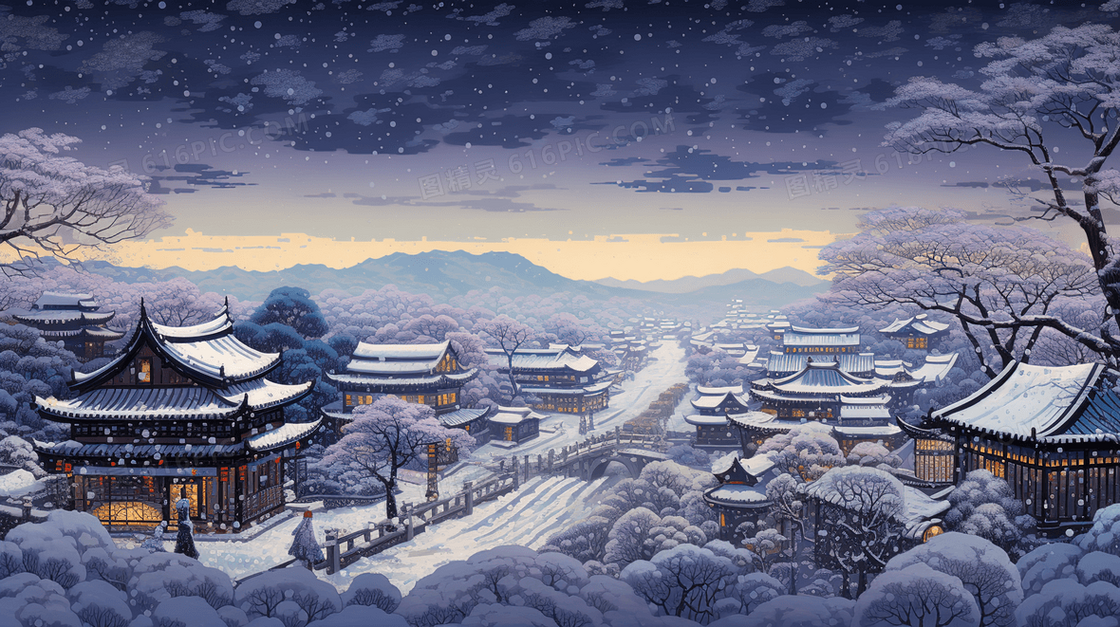 古建筑山水树木雪景插画