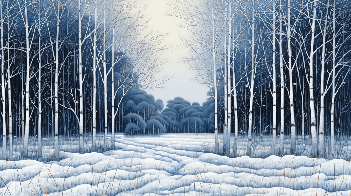 冬季树林雪地唯美雪景插画