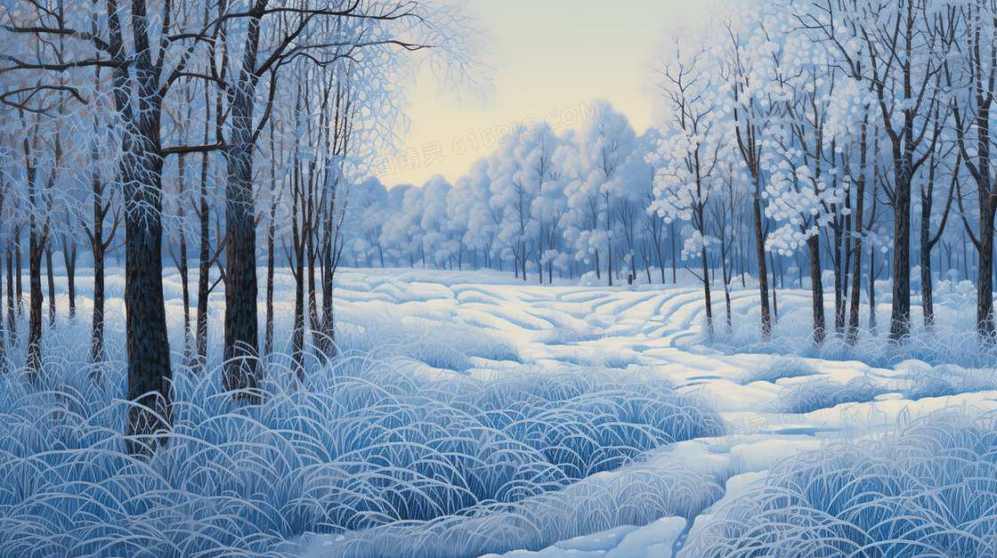 冬季树林雪地唯美雪景插画