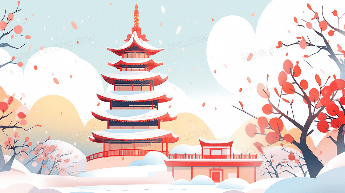 冬季大雪湖边的塔楼插画