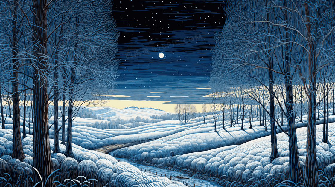 冬季星空下的积雪森林夜景插画