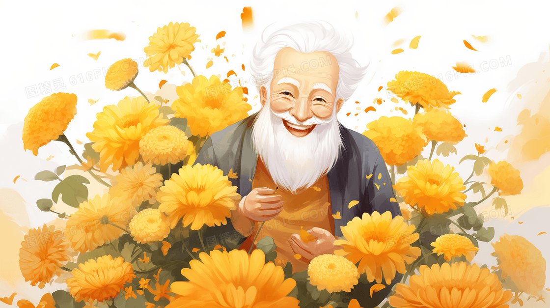 重阳节老人在花海中微笑插画