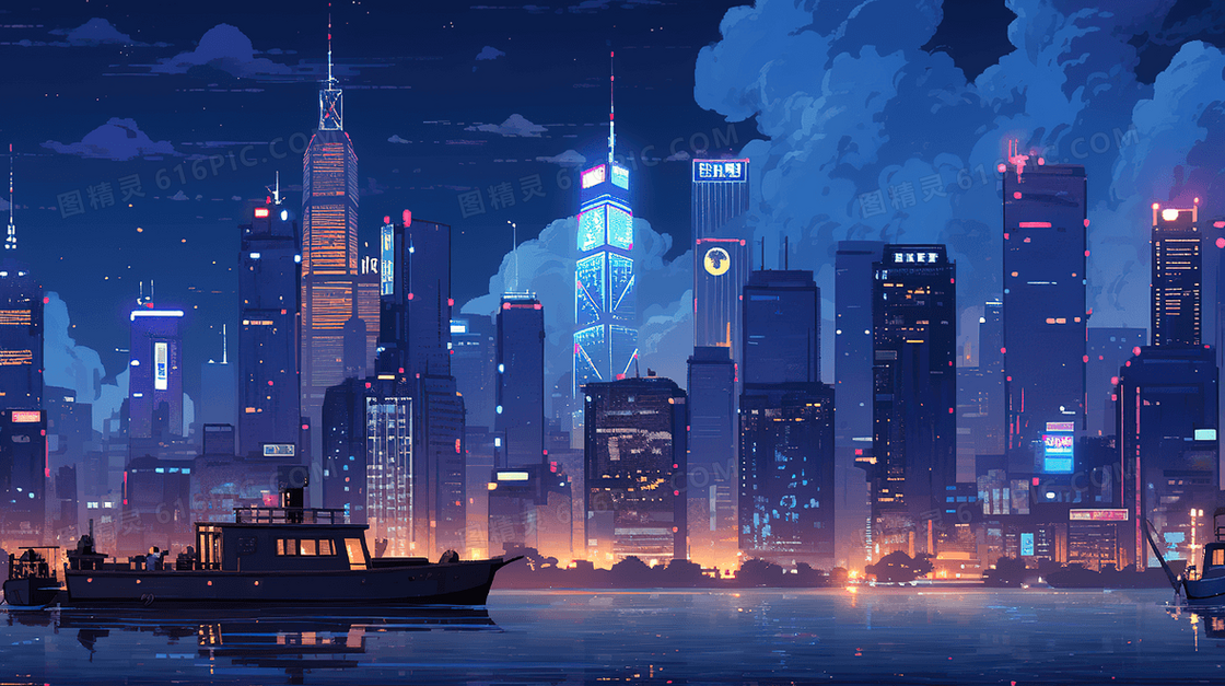 城市摩天大楼建筑群插画