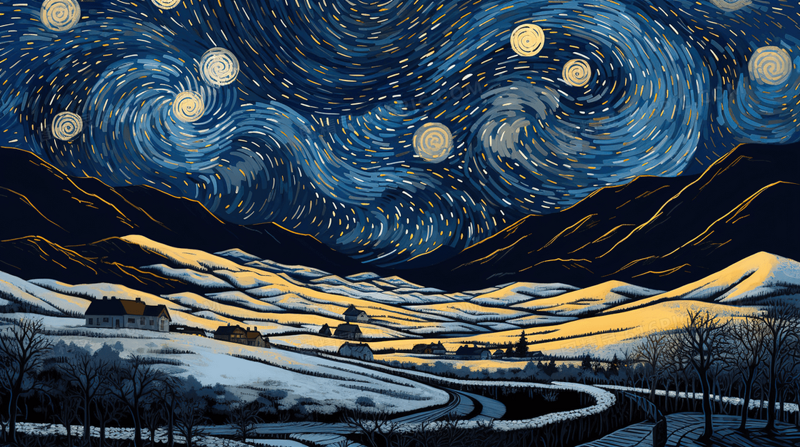 蓝色梵高画风田野风景插画