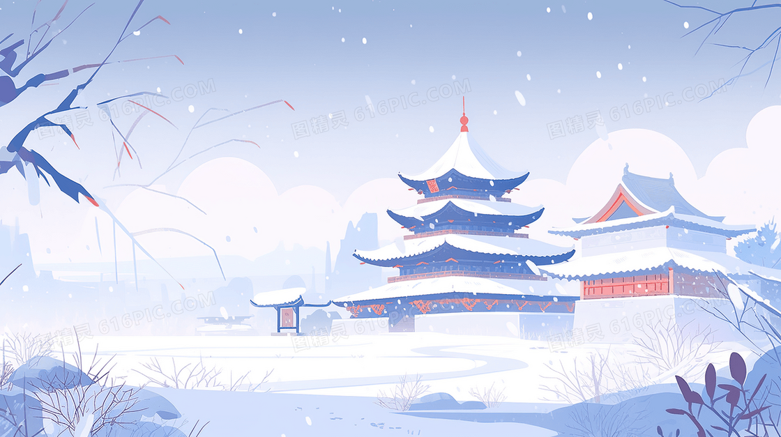 冬季大雪湖边的塔楼插画