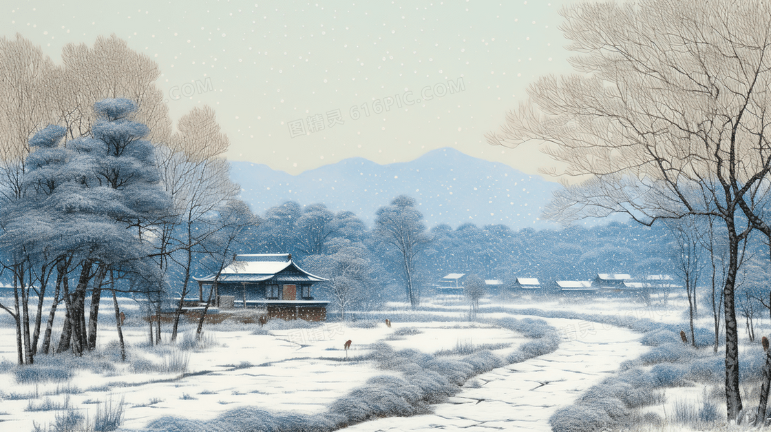 冬季中国乡村茅草木房雪景插画