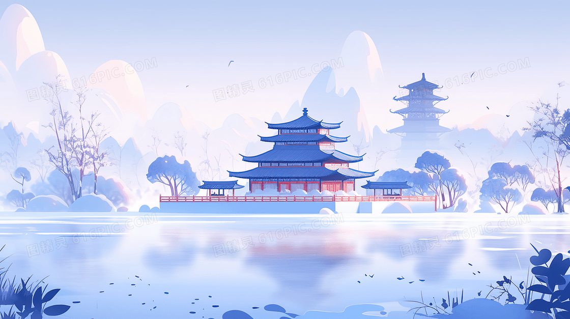 冬季大雪湖边的塔楼插画