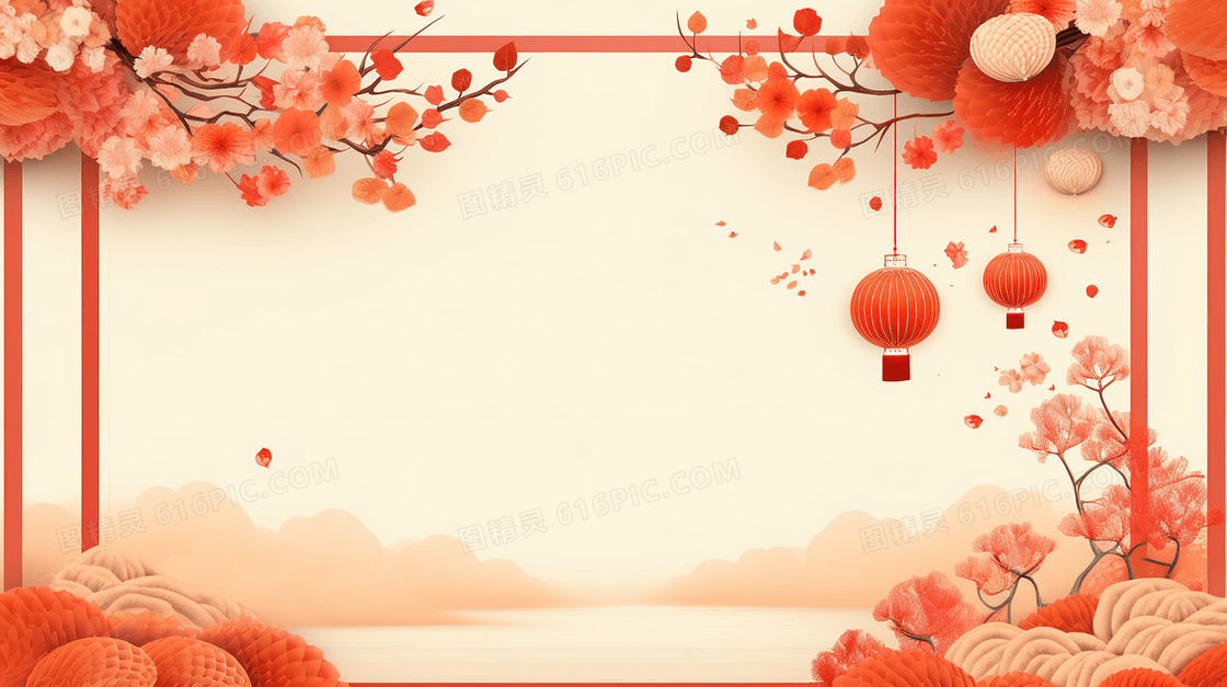 鲜花灯笼装饰的橙红色框架迎春季插画