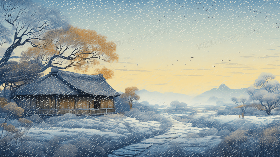 冬季中国乡村茅草木房雪景插画