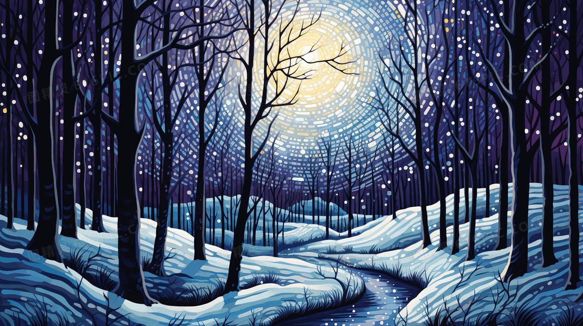 夜晚山林湖泊夜景梵高画风插画