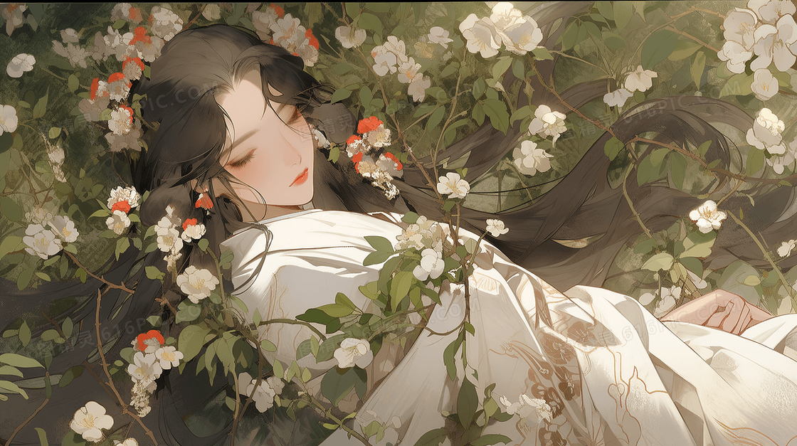 古风美女在花丛中睡觉小说封面插画