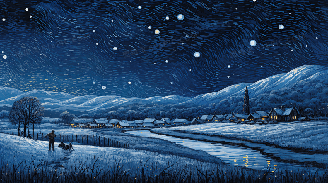 冬季星空下的乡村雪景梵高画风插画