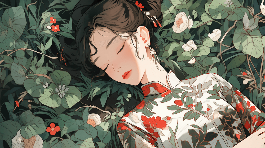 古风美女在花丛中睡觉小说封面插画
