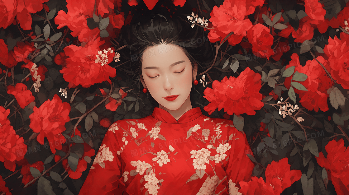 古风美女在花丛中睡觉小说封面插画