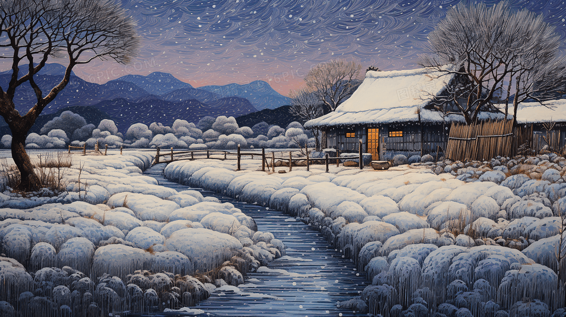 冬季中国乡村茅草木房雪景插画