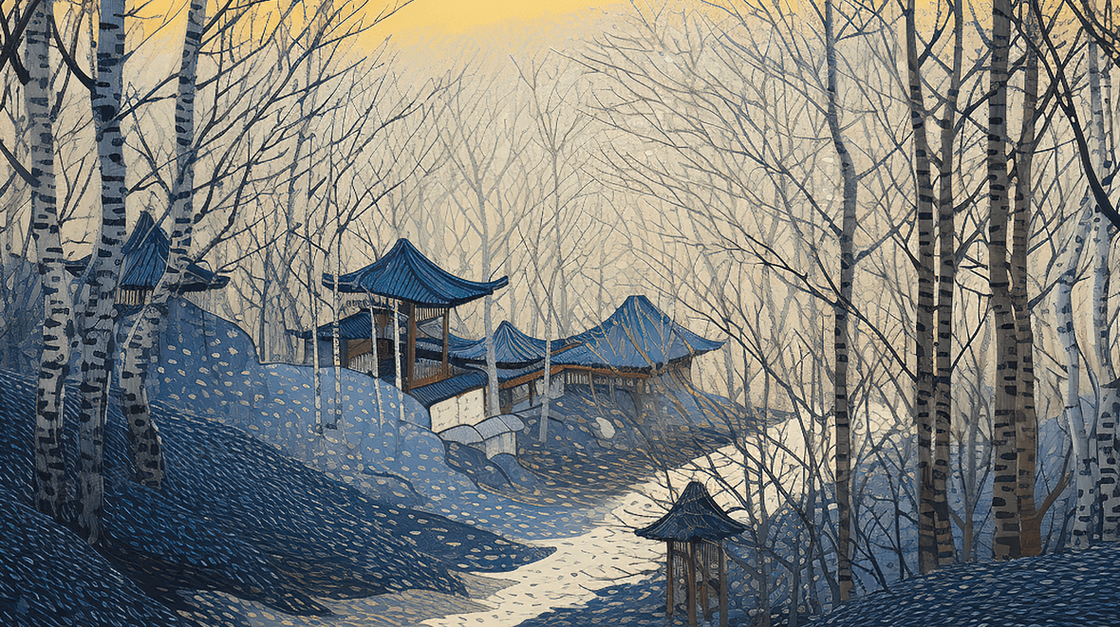 秋季山林寺庙阁楼插画