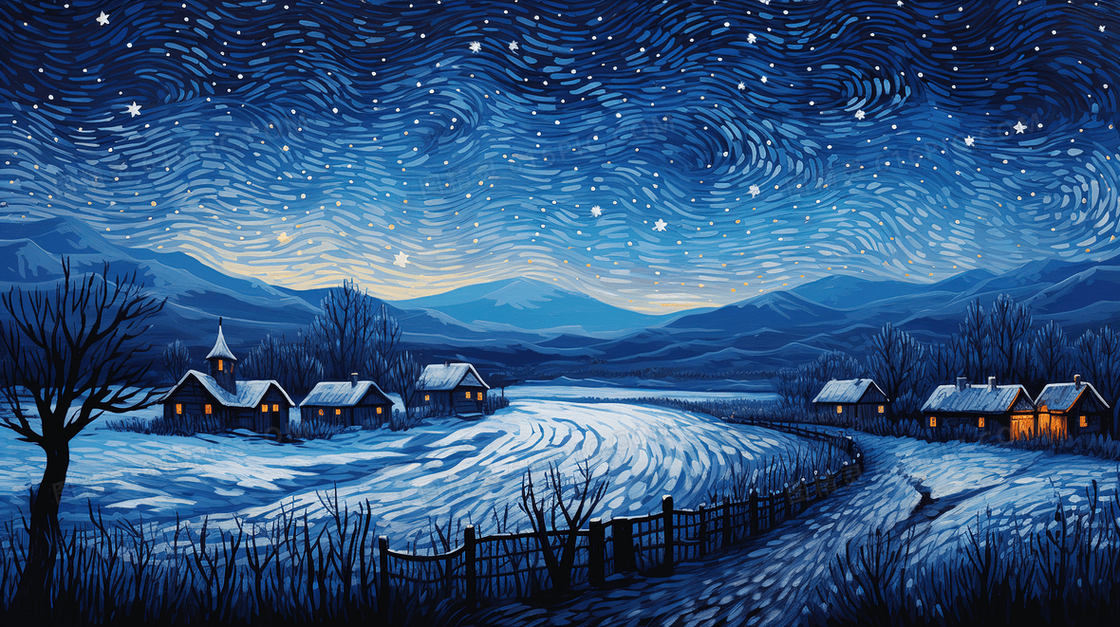 冬季星空下的乡村雪景梵高画风插画