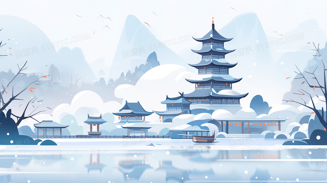 冬季大雪湖边的塔楼插画