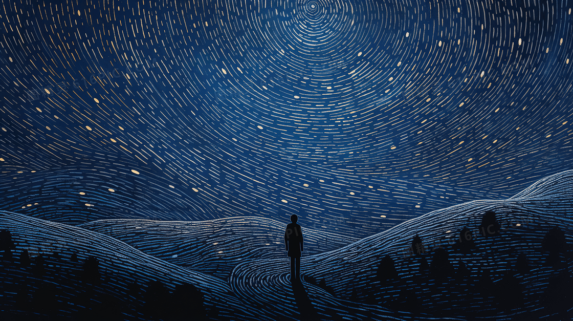 星空下山峦上的一个人的背影梵高画风插画