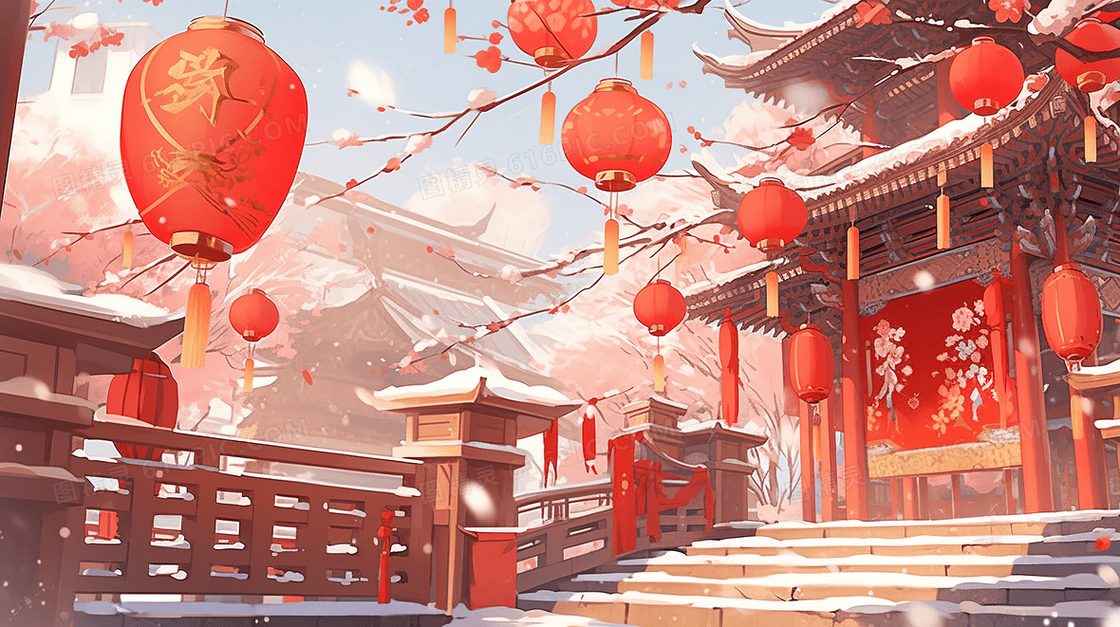 红色中国风春节张灯结彩的古城风光插画