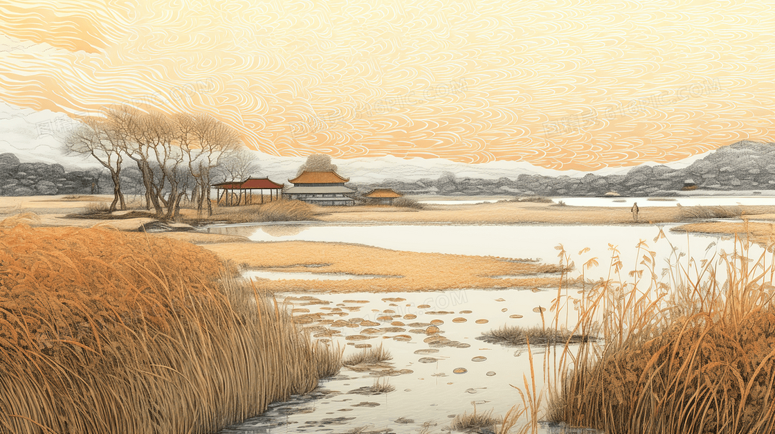 乡村河边的芦苇唯美风景插画
