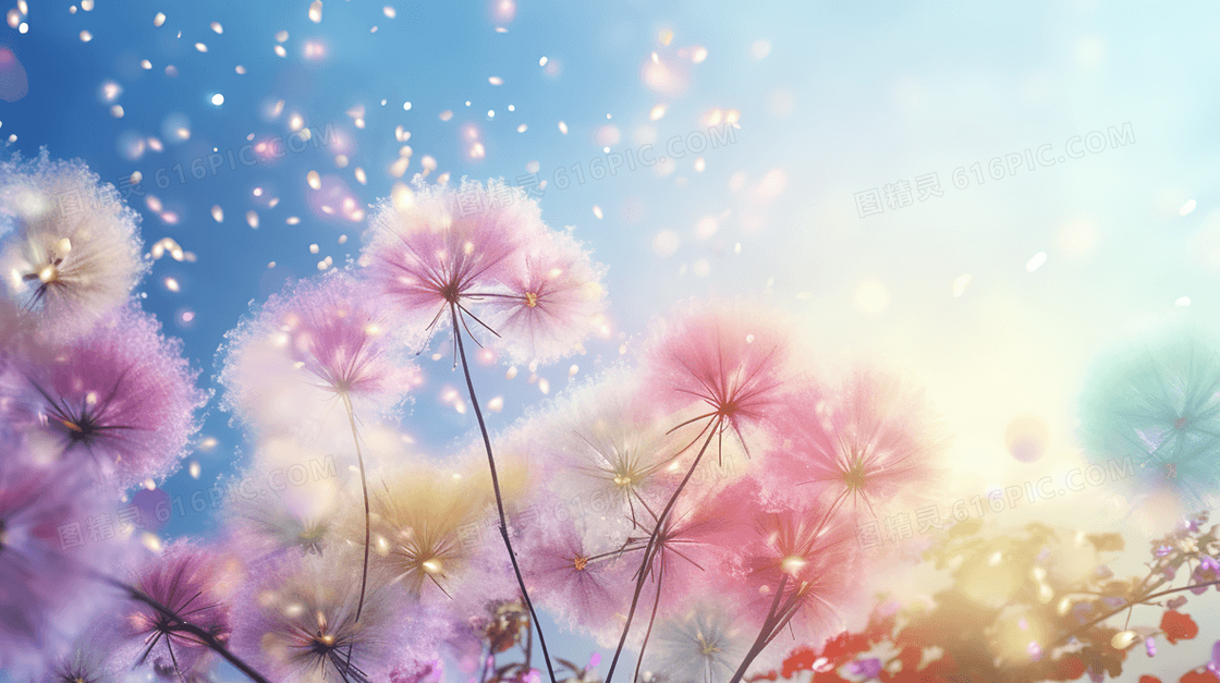 春节色彩缤纷的鲜花与烟花插画