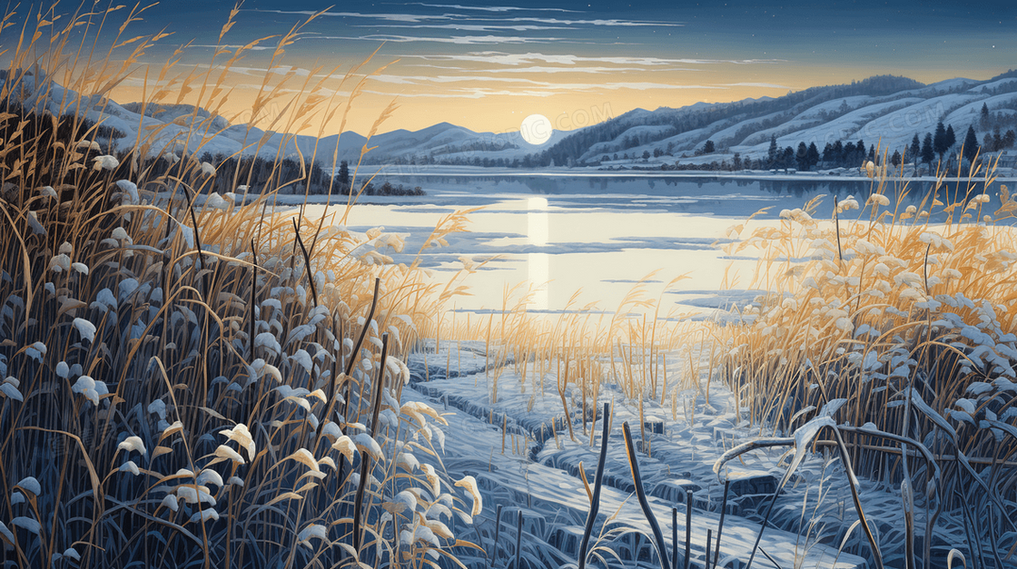 湿地湖中的芦苇地风景插画