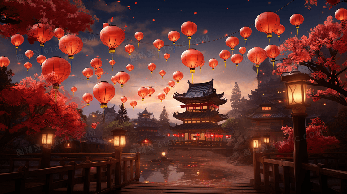 中元节古城里点满红色灯笼风景建筑插画