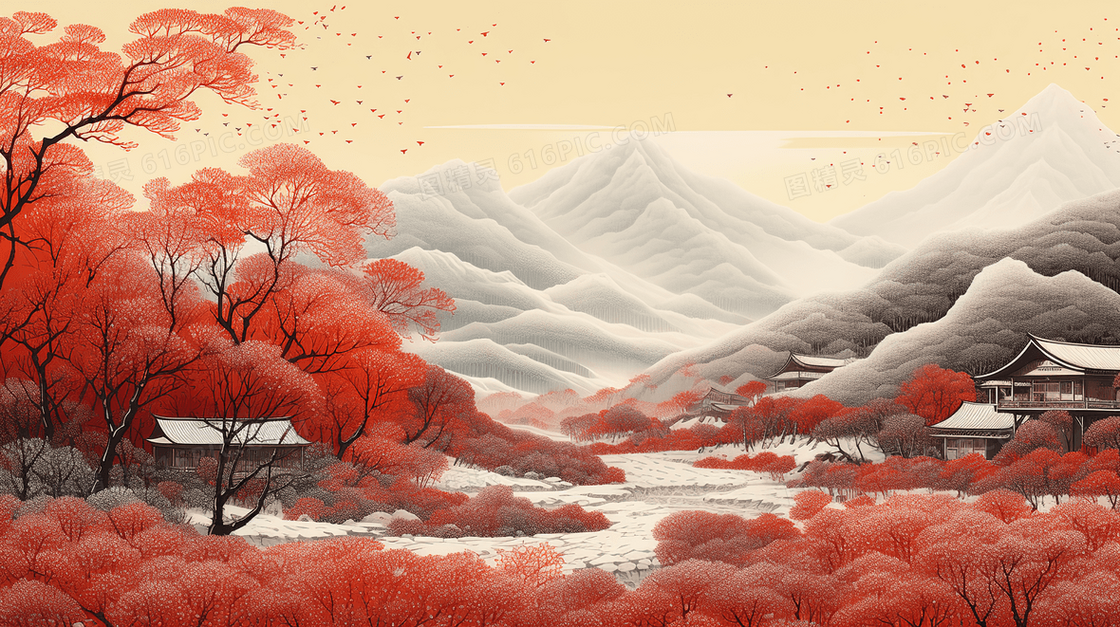 中国风雪中山水风景红色树木建筑插画
