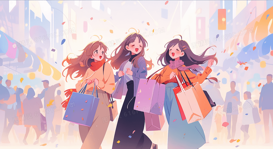 双十一女孩欢乐购物插画